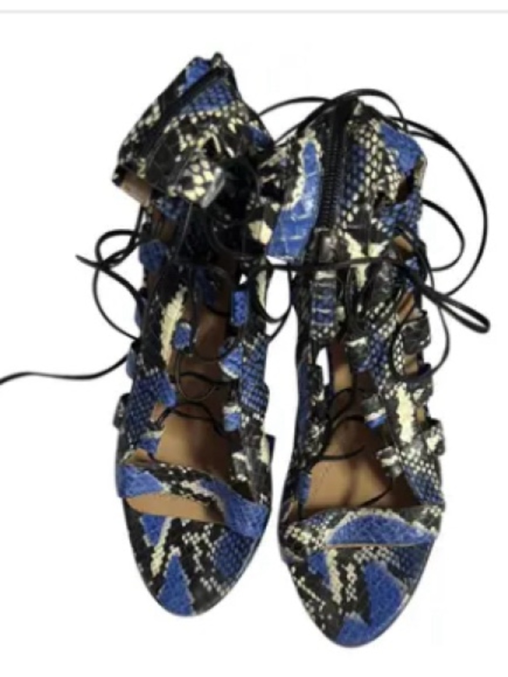Blue Snake-Print Lace-Up Heels For Women Size 7/37